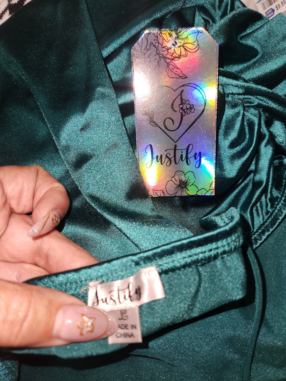 Justice Emerald Satin Asymmetrical Ruched Slip Dress - Picture 3 of 4